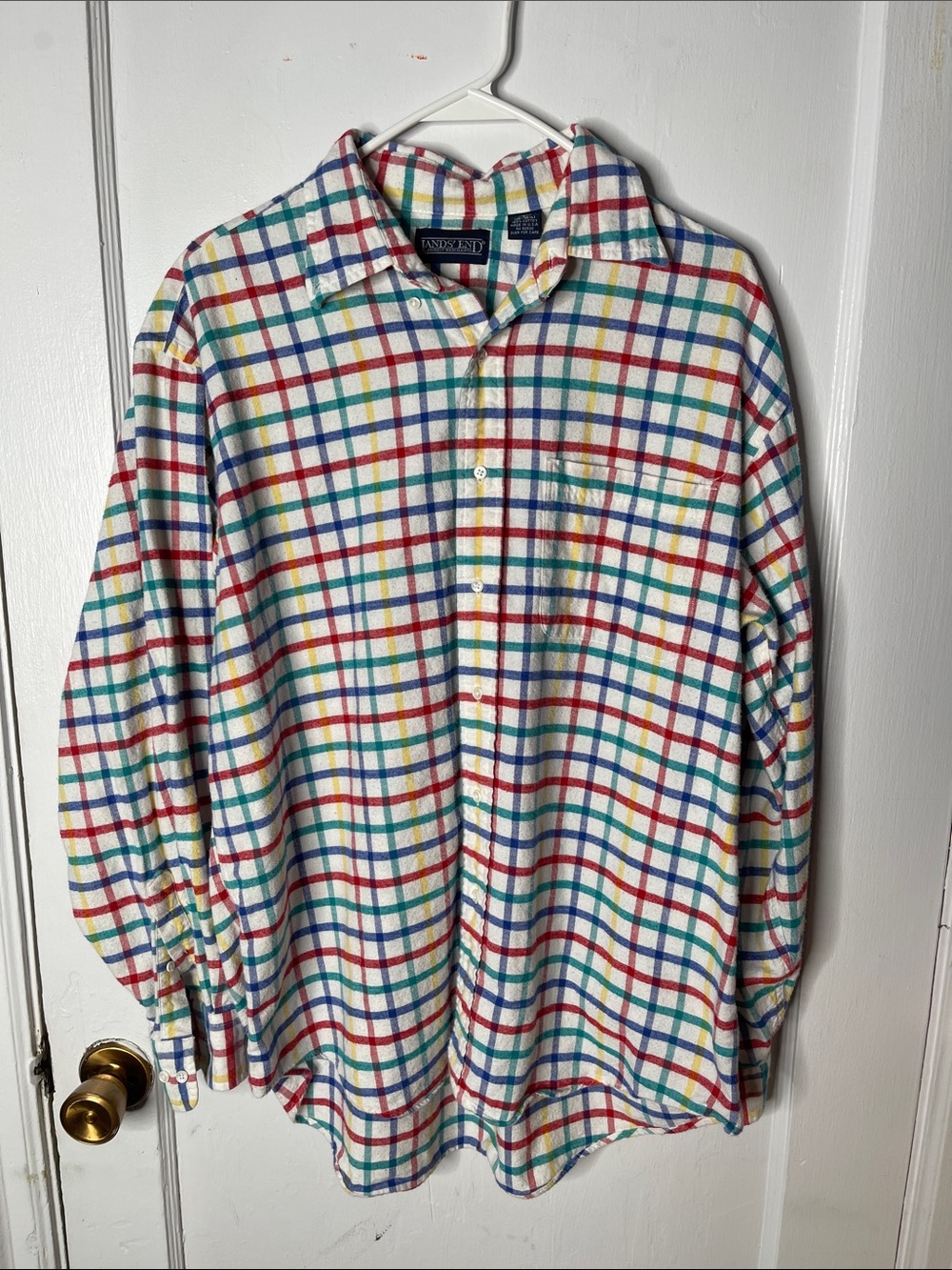 Lands End L Flannel Shirt USA Cotton Plaid Blue Yellow White Green Window Pane